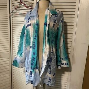 Lightweight Watercolor-Dot Open Front Jacket - Blue & Teal